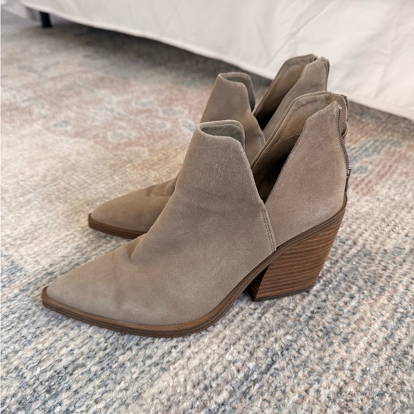 Vince Camuto Shoes - Vince Camuto Taupe Suede Pointed V-Cut Ankle Booties